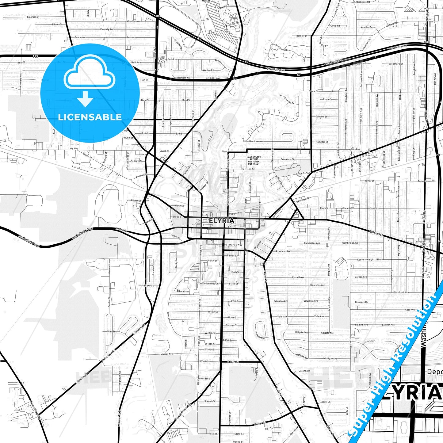 Elyria, Ohio Light Map with Street Names, City Names, and Districts