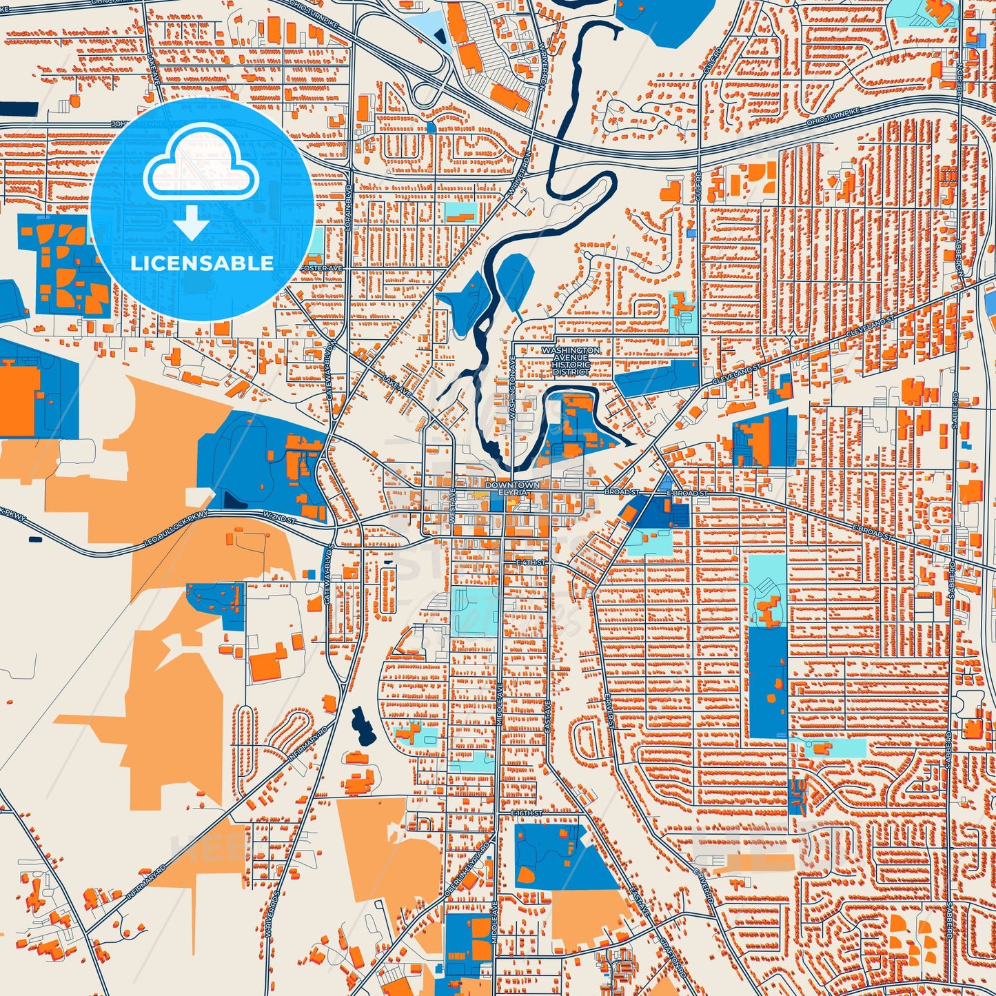 Colorful Elyria Street Map with Labels and Buildings