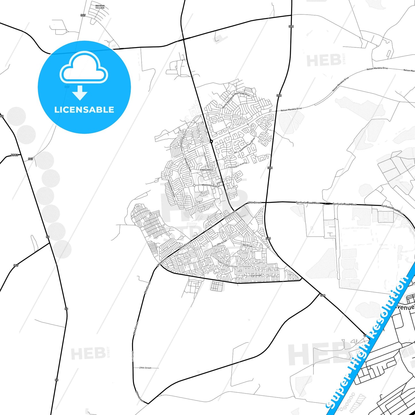 eMbalenhle, South Africa Light Map with Street Names, City Names, and Districts