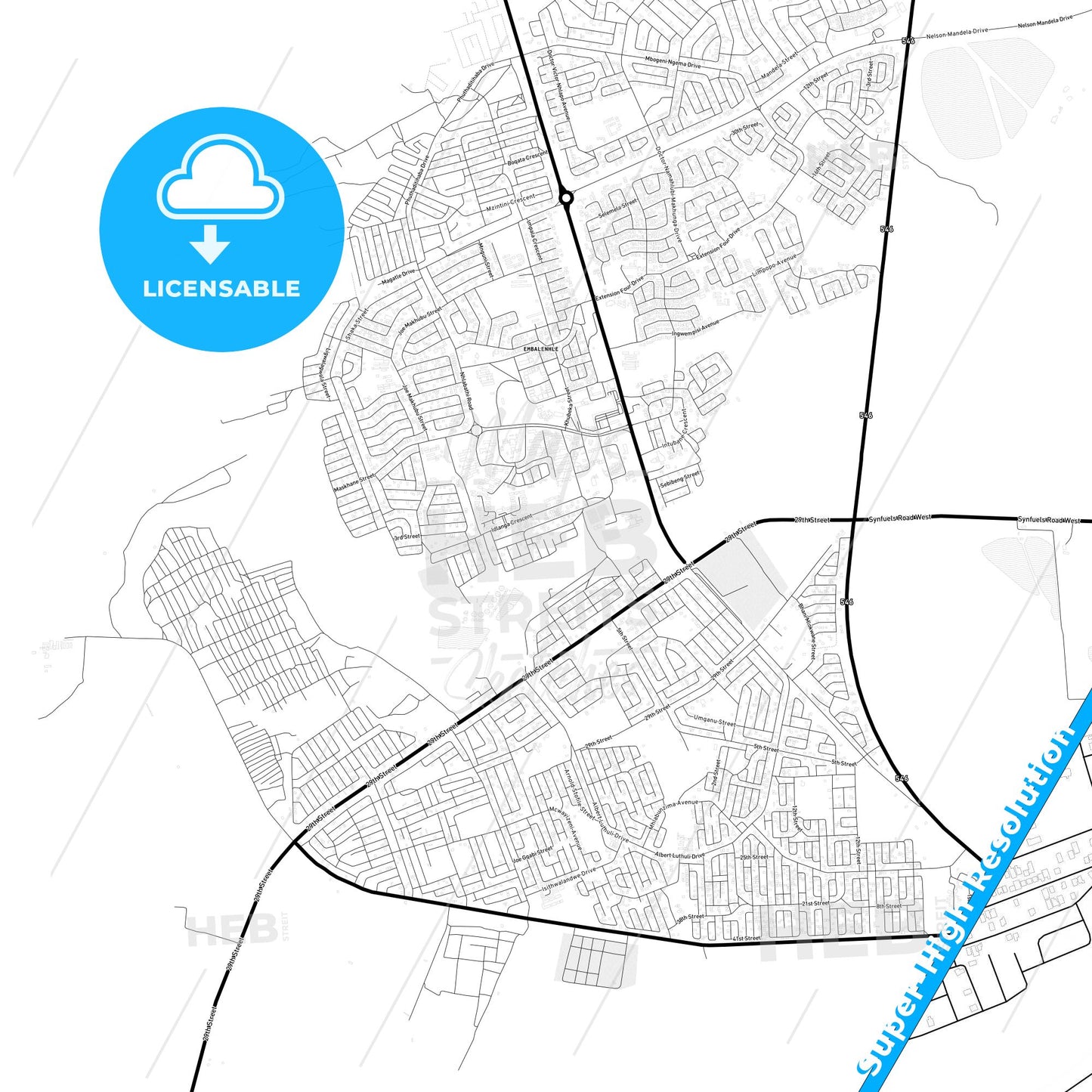 eMbalenhle, South Africa Light Map with Street Names, City Names, and Districts