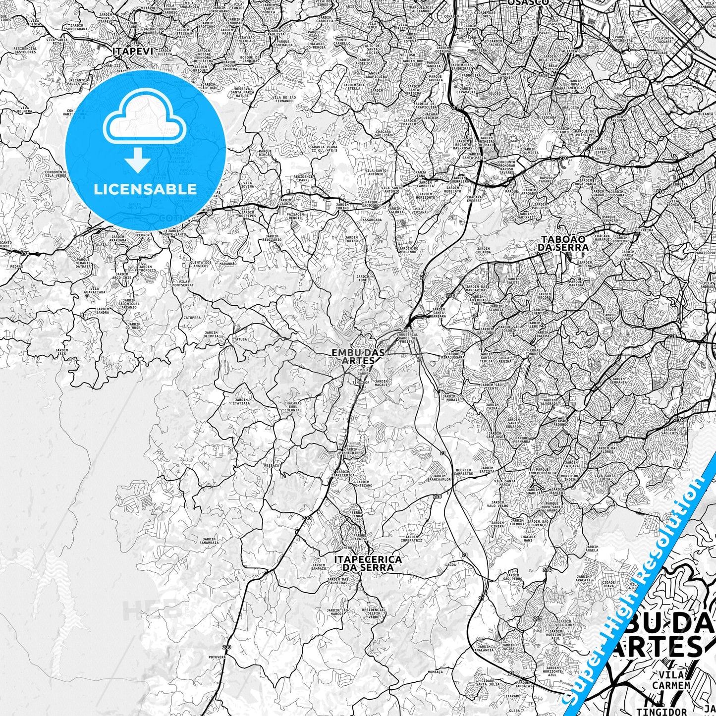 Embu, Brazil light map with streetnames, citynames and districts