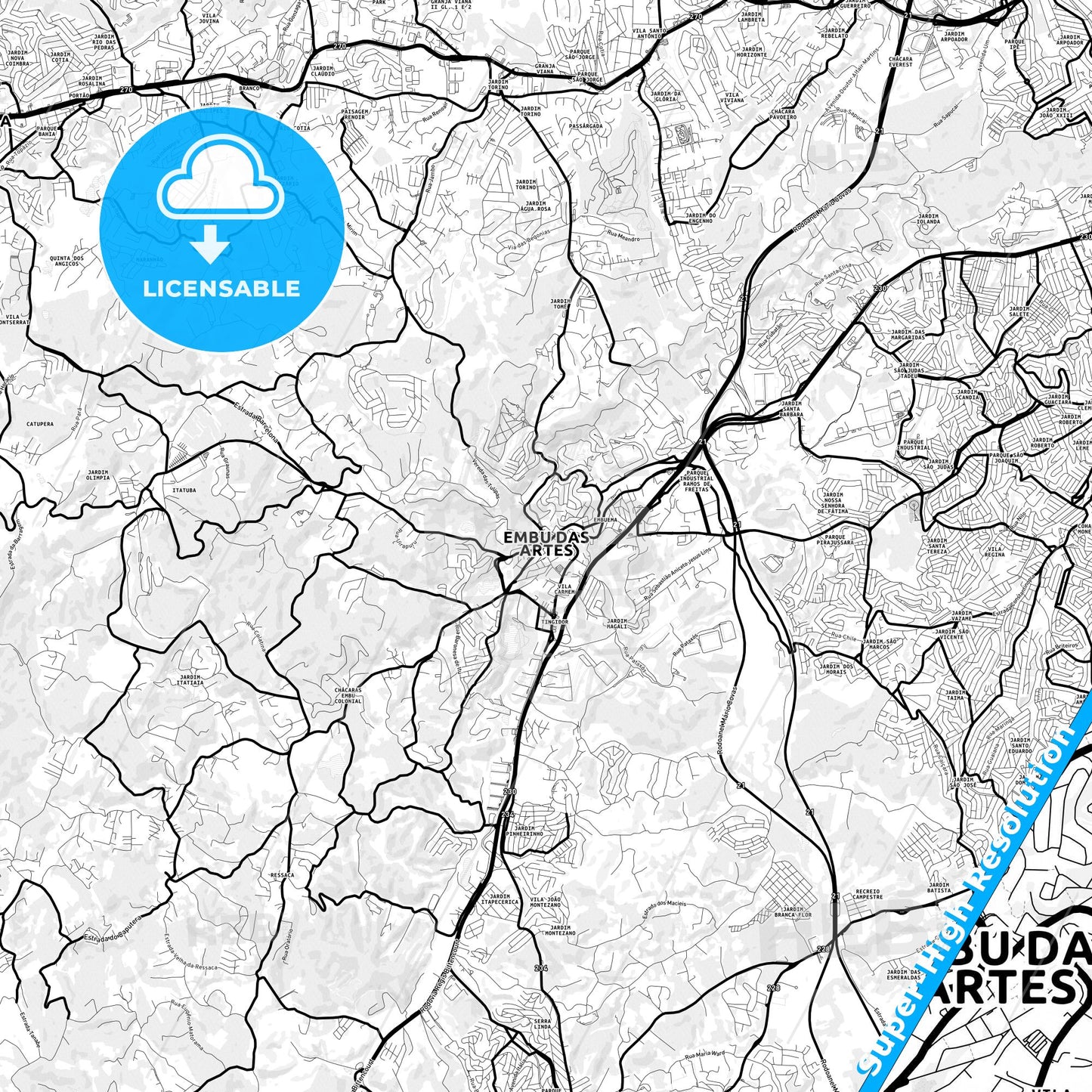 Embu, Brazil Light Map with Street Names, City Names, and Districts