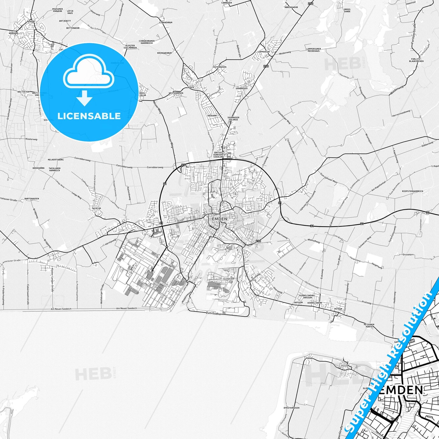Emden, Germany light map with streetnames, citynames and districts