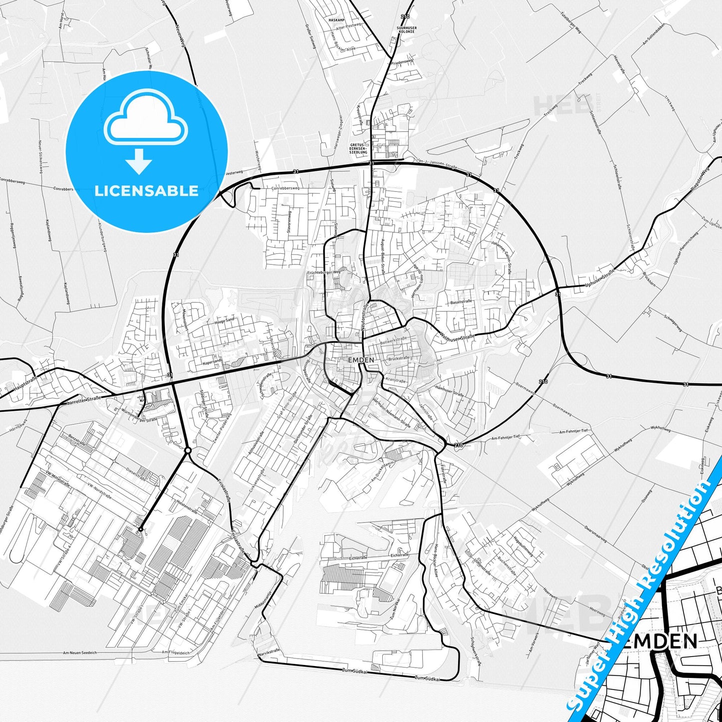Emden, Germany Light Map with Street Names, City Names, and Districts