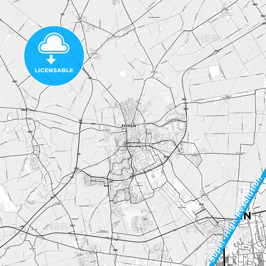 Emmen, Netherlands light map with streetnames, citynames and districts