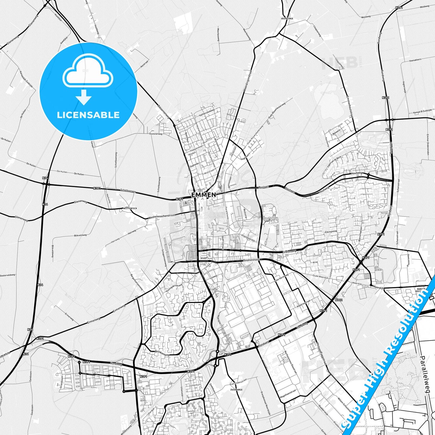 Emmen, Netherlands Light Map with Street Names, City Names, and Districts