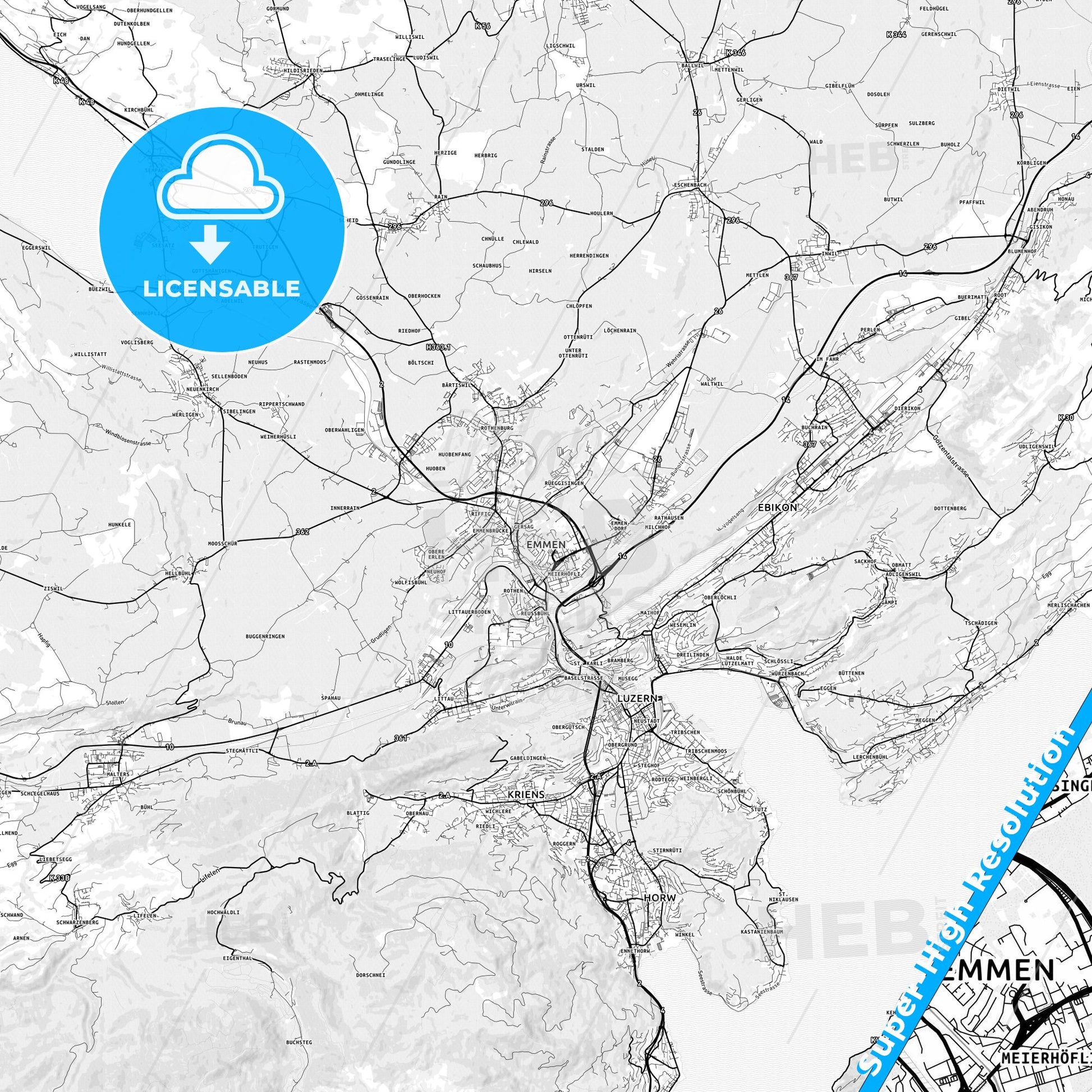 Emmen, Switzerland light map with streetnames, citynames and districts