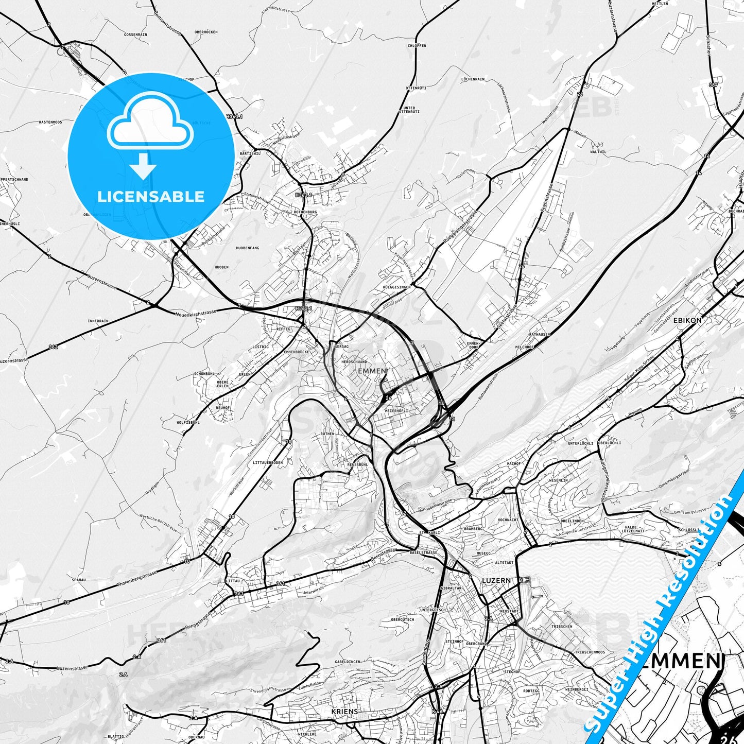 Emmen, Switzerland Light Map with Street Names, City Names, and Districts