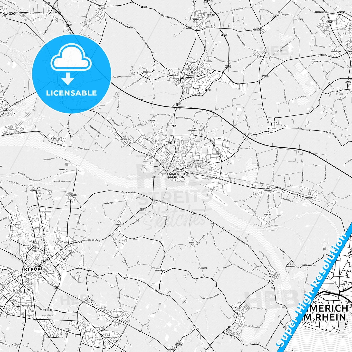 Emmerich am Rhein, Germany light map with streetnames, citynames and districts