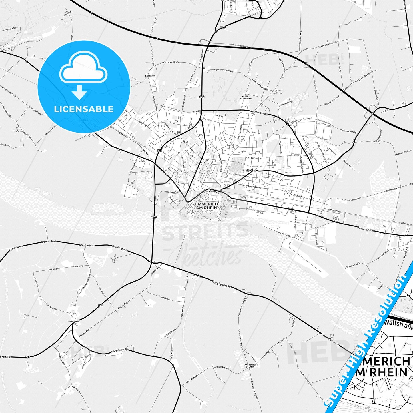 Emmerich am Rhein, Germany Light Map with Street Names, City Names, and Districts