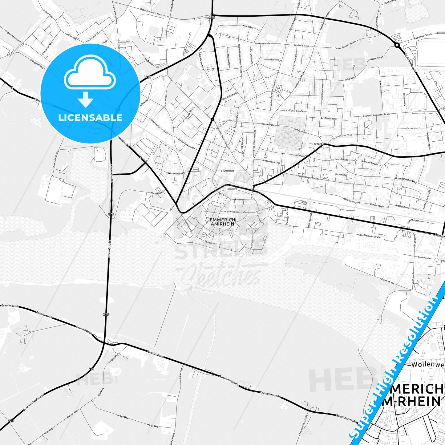 Emmerich am Rhein, Germany Light Map with Street Names, City Names, and Districts