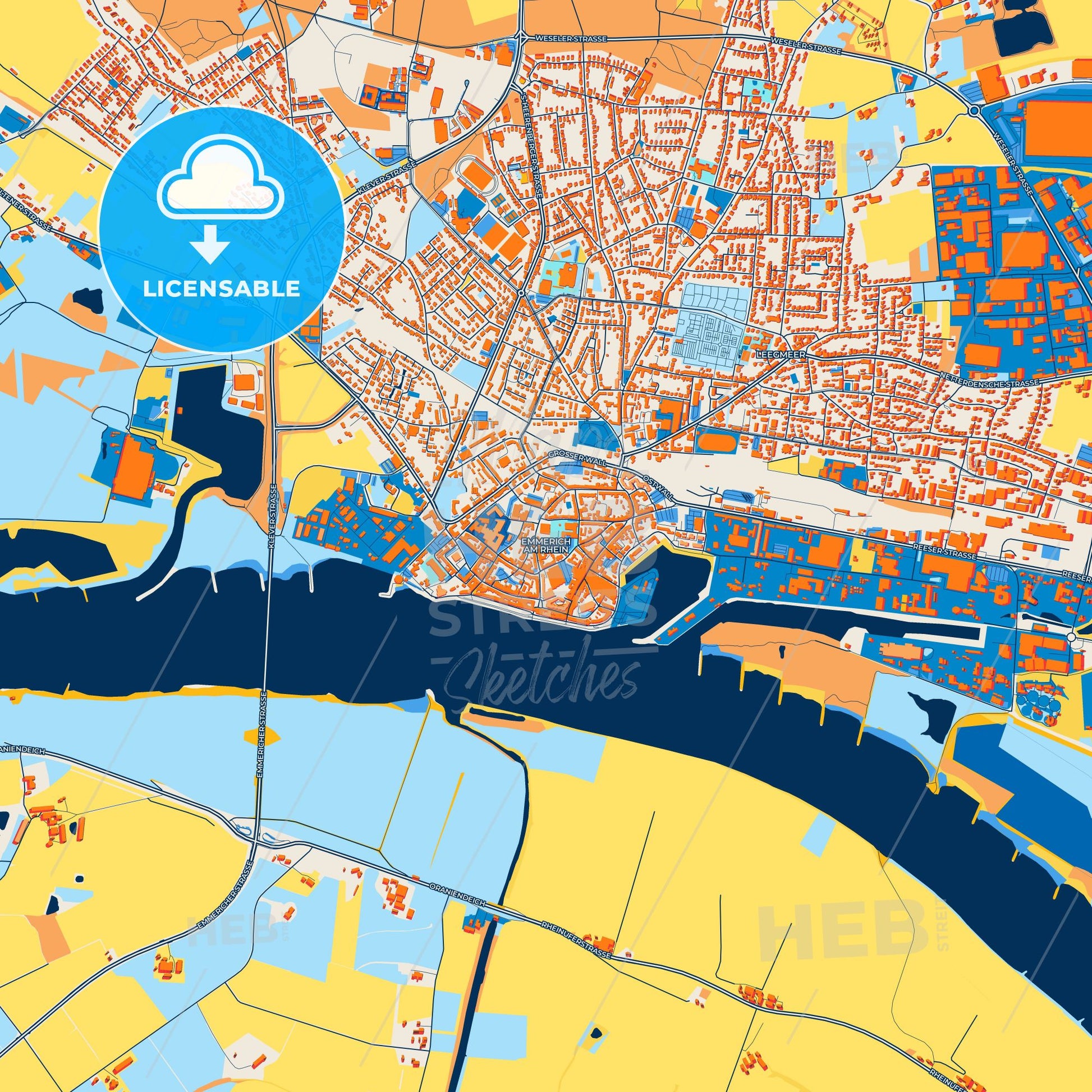 Colorful Emmerich am Rhein Street Map with Labels and Buildings