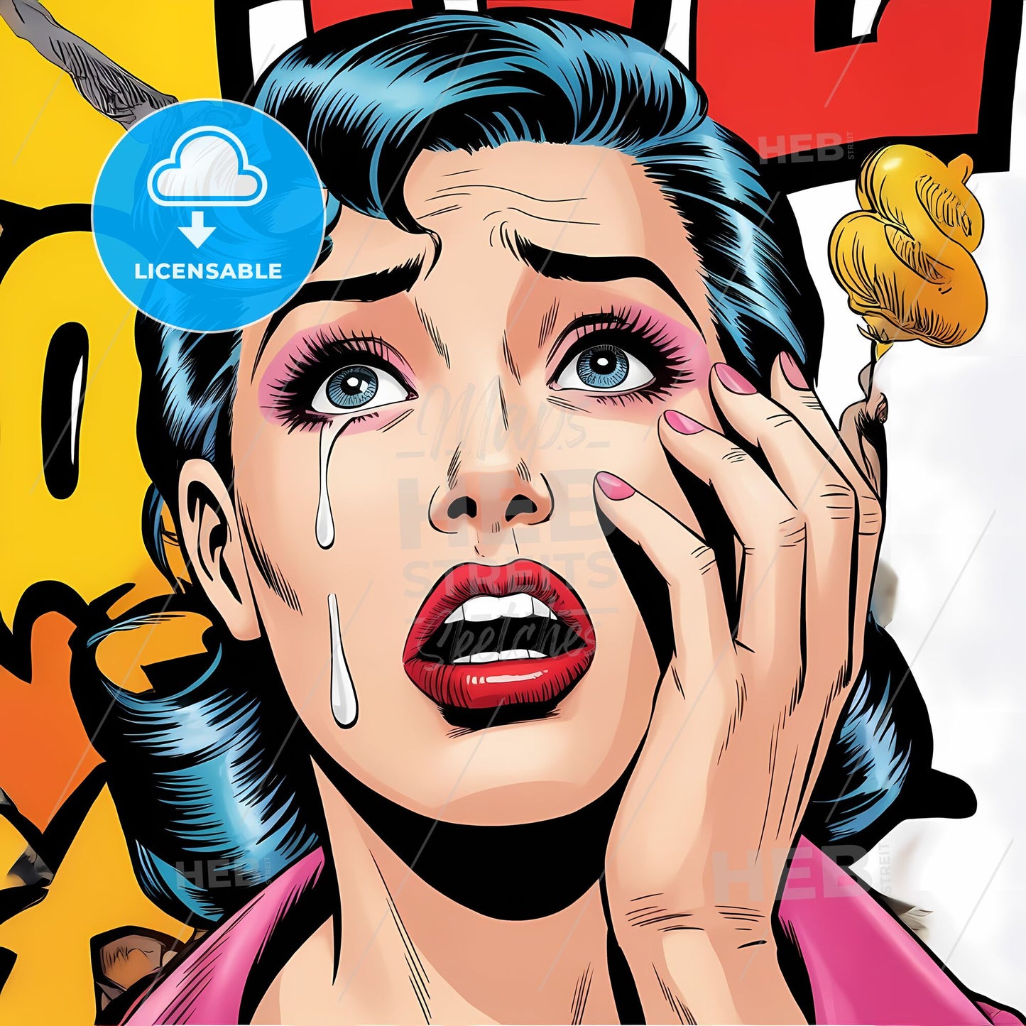 Emotional Turquoise: A Vintage Comic Portrait of Distress and Beauty
