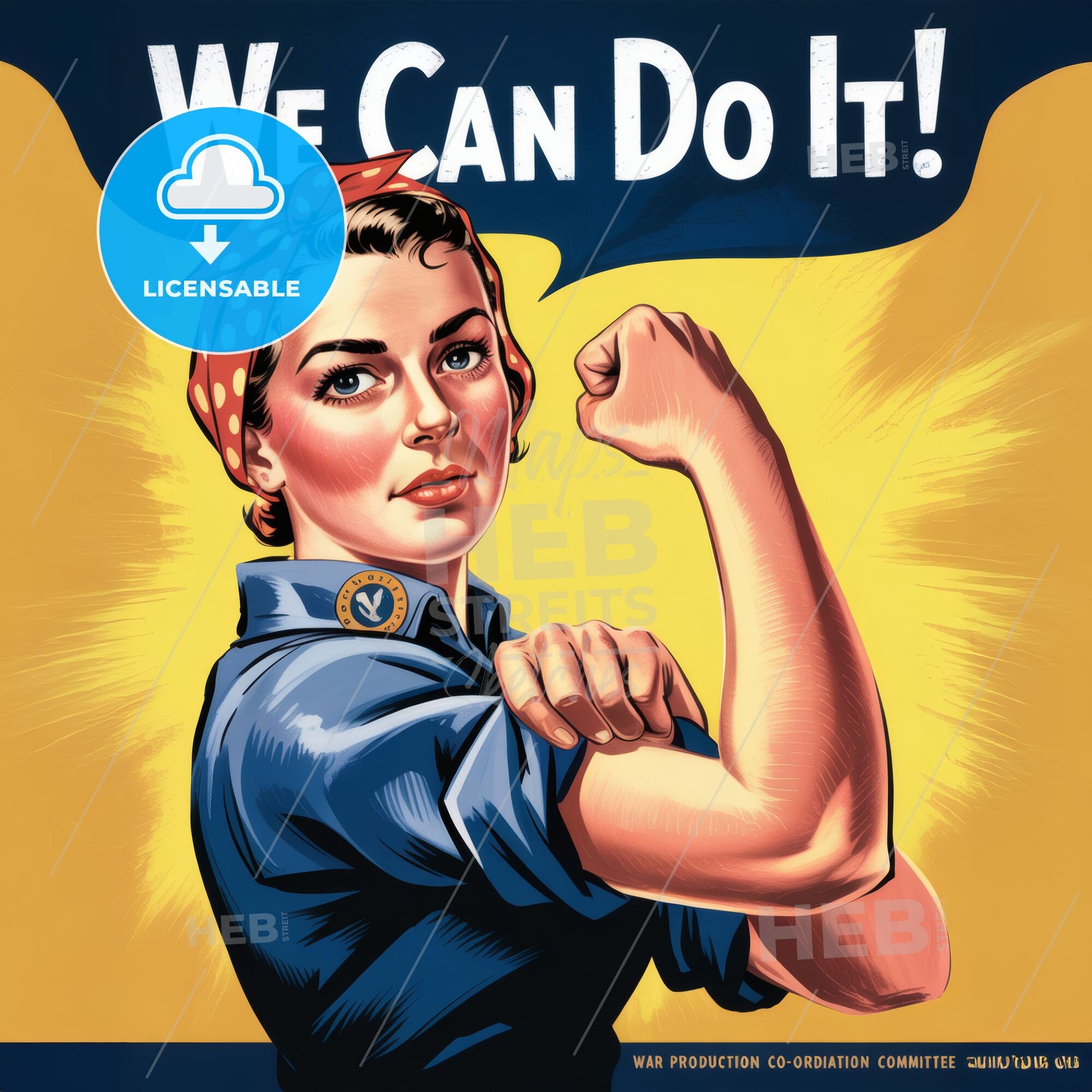 Empowering Vintage Rosie the Riveter Illustration Promoting Women's Strength and Capability in the Workforce.