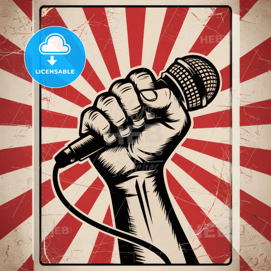 Empowerment in Harmony: Vintage Propaganda Print of the Fist and Microphone