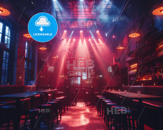 Vibrant Painting of Nightlife Scene with Empty Concert Stage, Crowded Bar, Late Night Lighting, and God Rays
