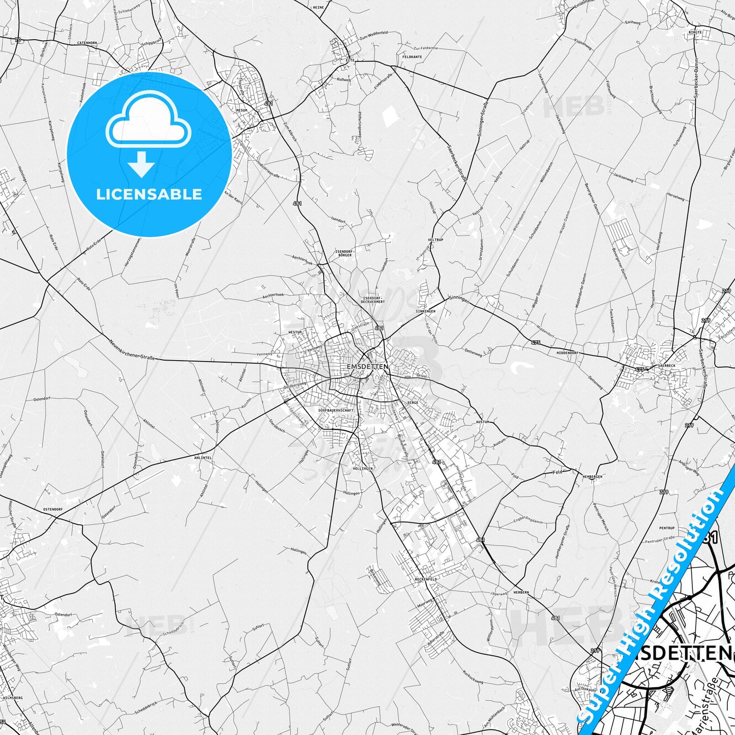 Emsdetten, Germany light map with streetnames, citynames and districts