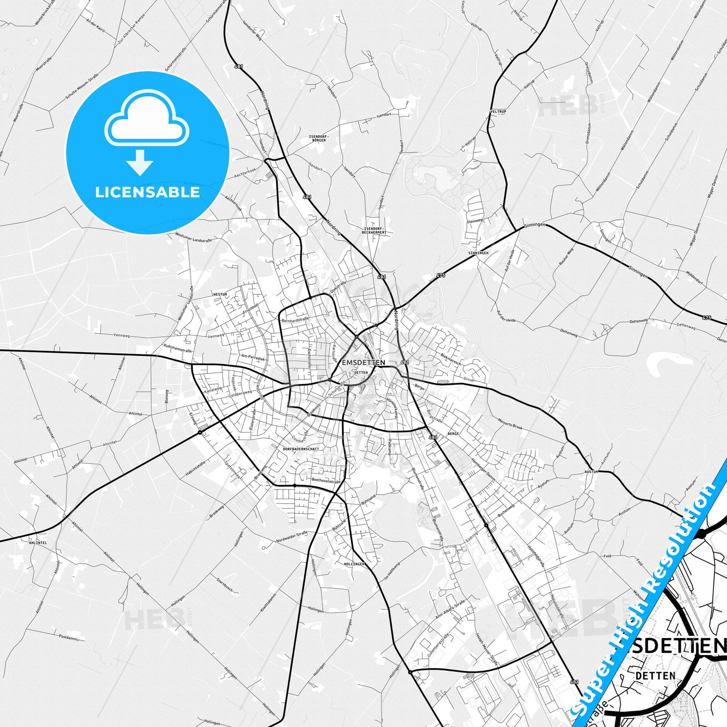 Emsdetten, Germany Light Map with Street Names, City Names, and Districts
