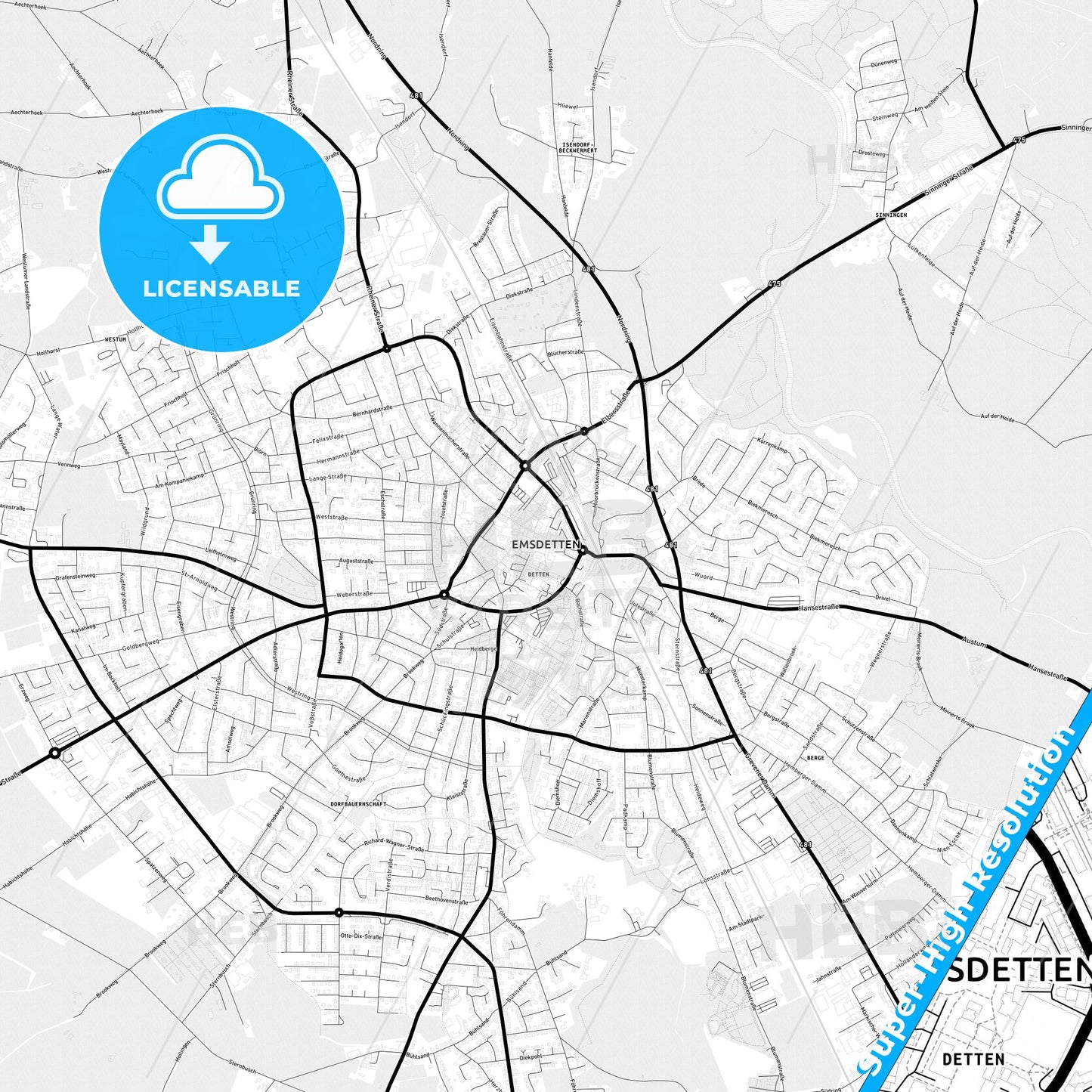 Emsdetten, Germany Light Map with Street Names, City Names, and Districts