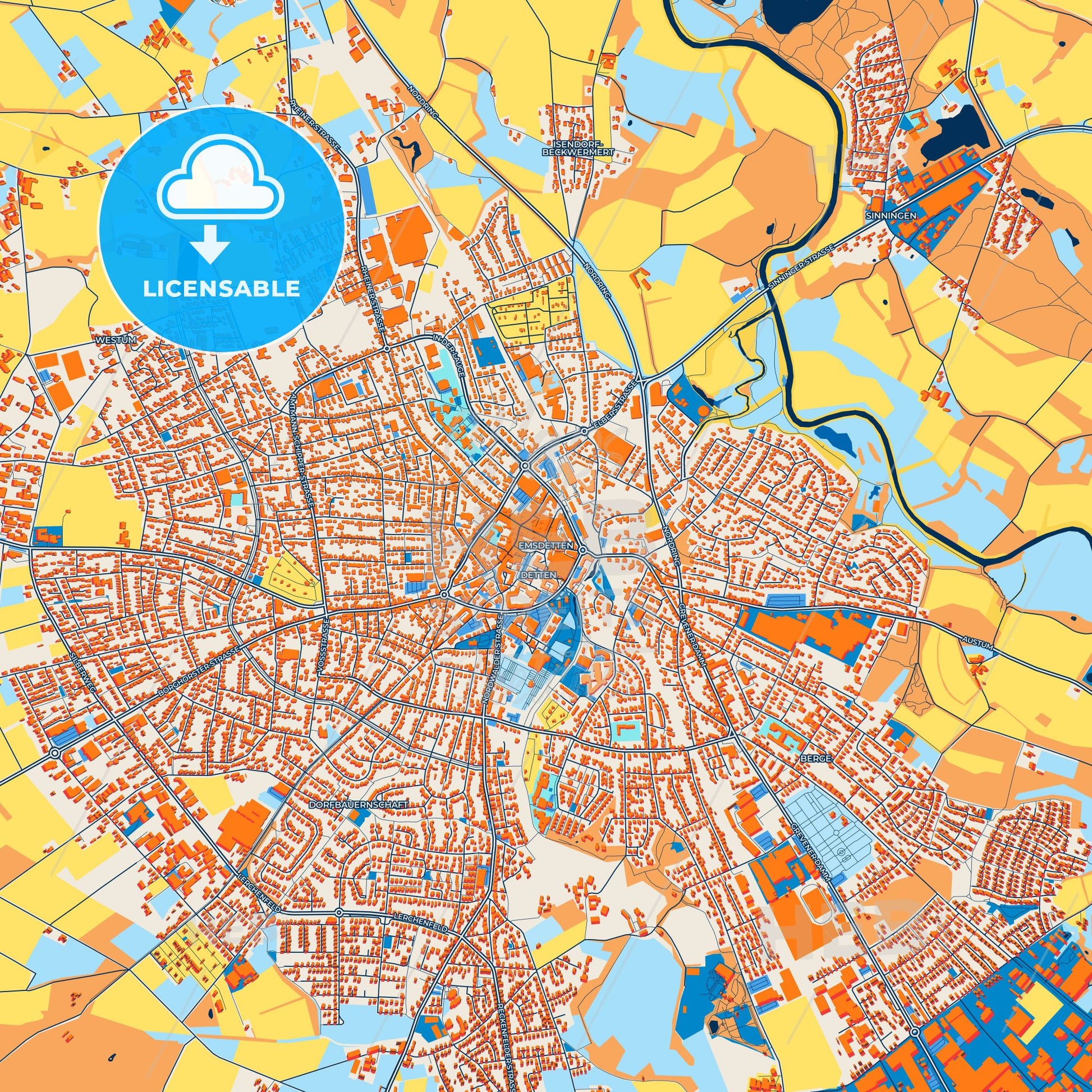 Colorful Emsdetten Street Map with Labels and Buildings