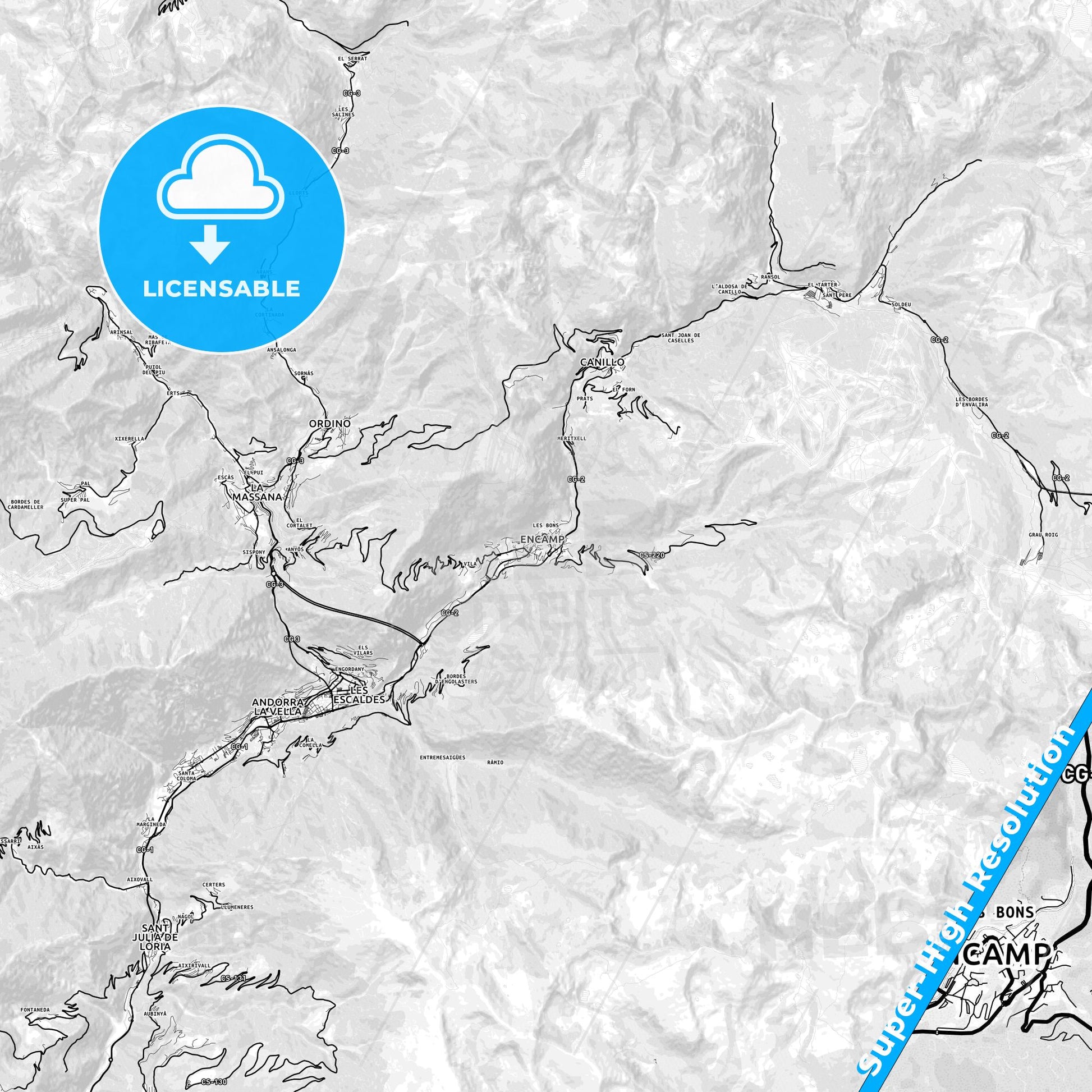 Encamp, Andorra light map with streetnames, citynames and districts