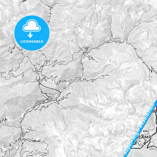 Encamp, Andorra light map with streetnames, citynames and districts