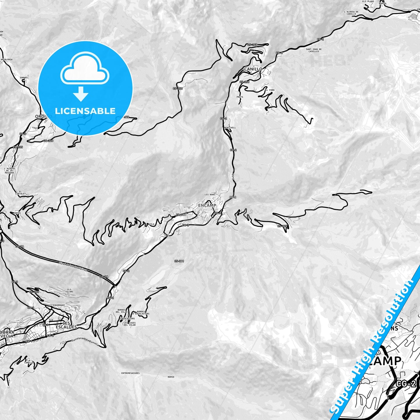 Encamp, Andorra Light Map with Street Names, City Names, and Districts