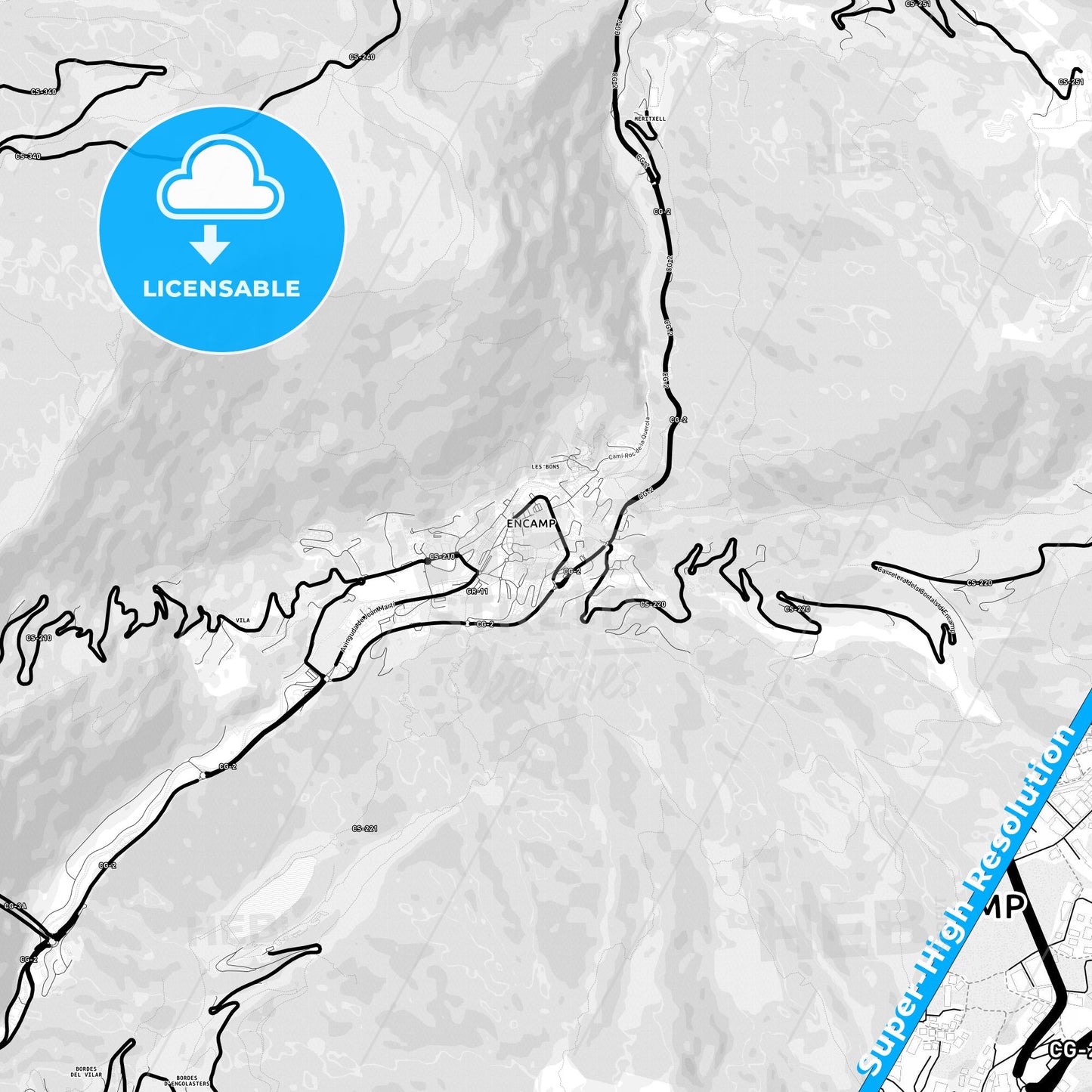 Encamp, Andorra Light Map with Street Names, City Names, and Districts