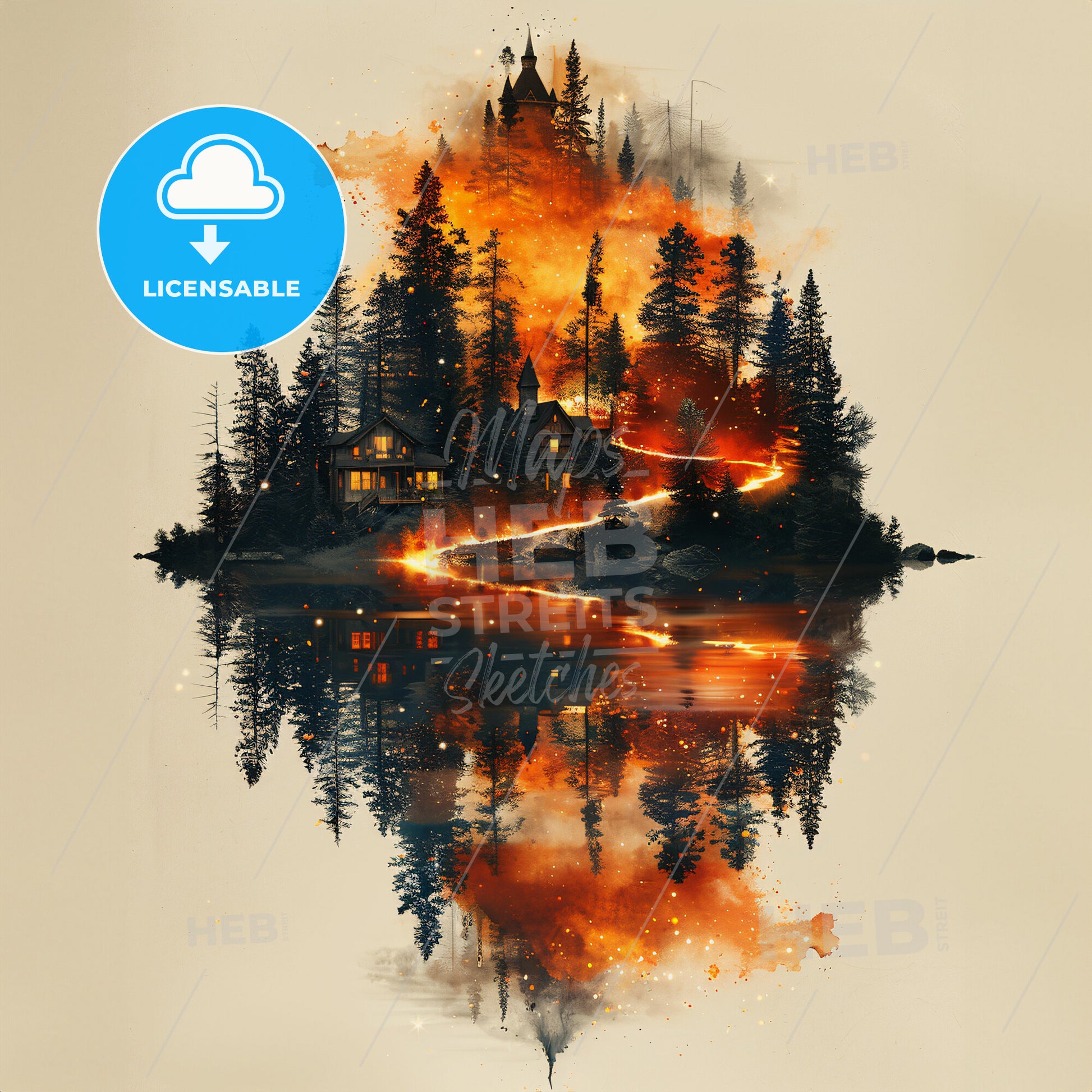 Enchanted Forest: Home of the Glittery Unicorns - A house on a lake with trees and fire