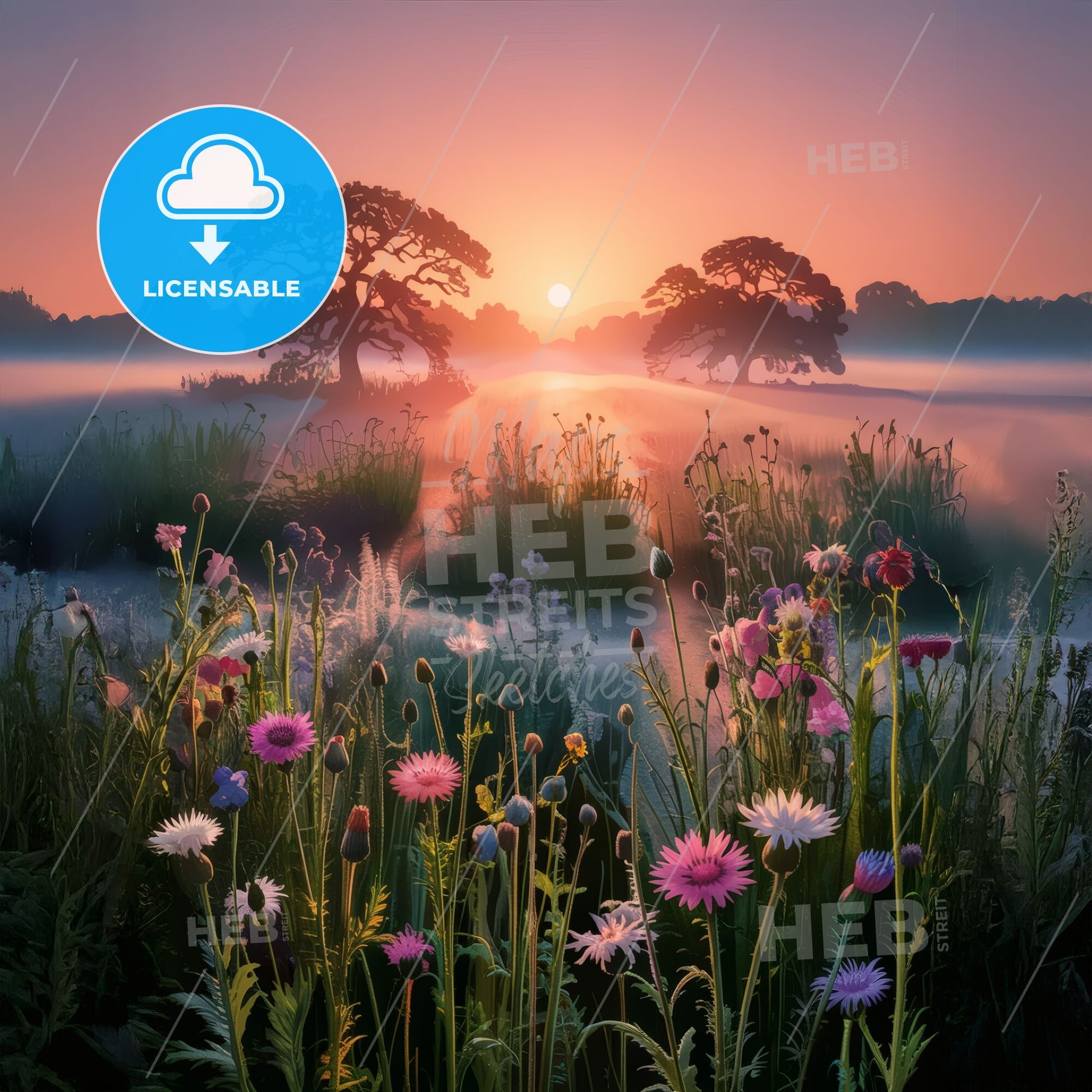 Enchanted Meadow Awakening: A Dreamy Sunrise Landscape with Vibrant Wildflowers