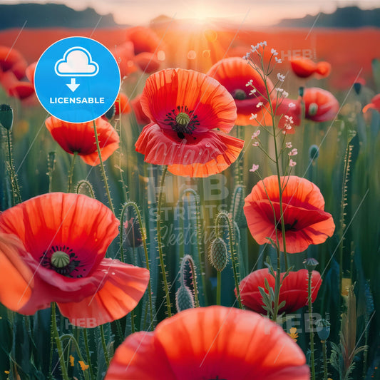 Enchanted Poppies: Ethereal Golden Hour Meadow Bliss in Romantic Soft Focus