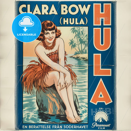 Enchanting Clara Bow: Vintage Hula Fantasy Movie Poster in Teal & Orange