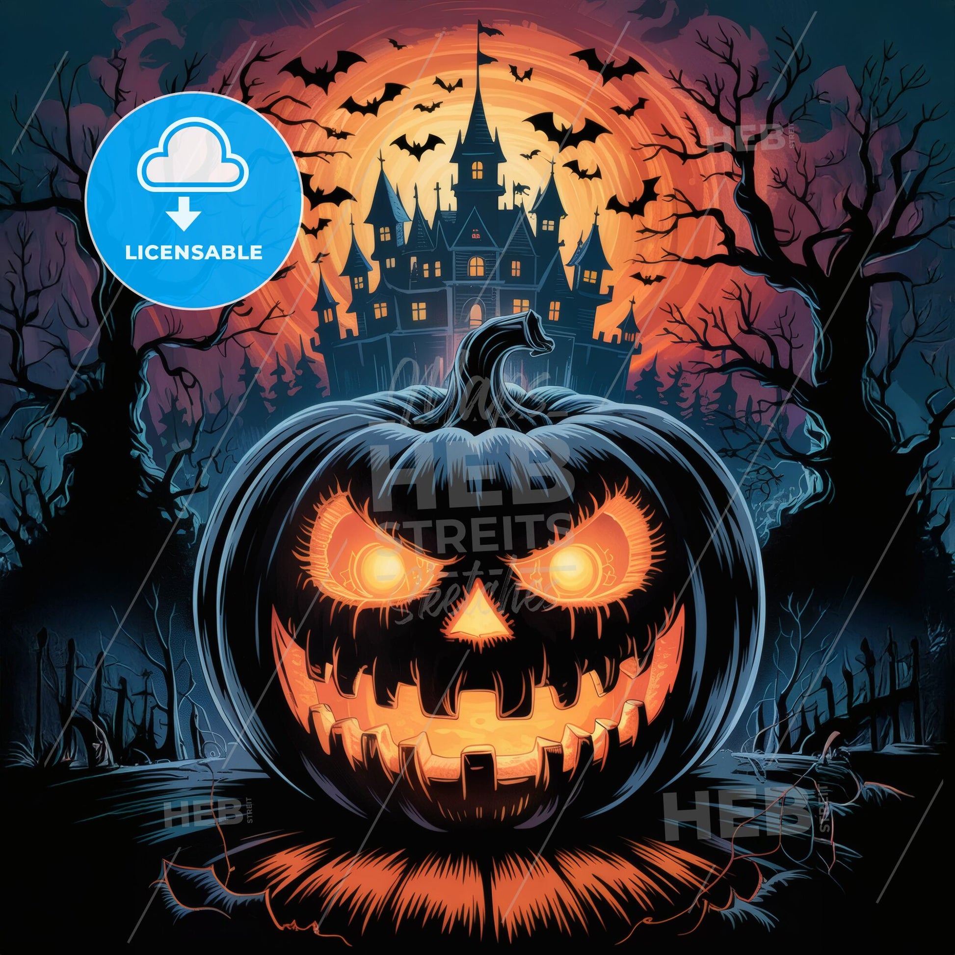 Enchanting Halloween Night: Glowing Jack-o-Lantern & Haunted Castle Fantasy Print