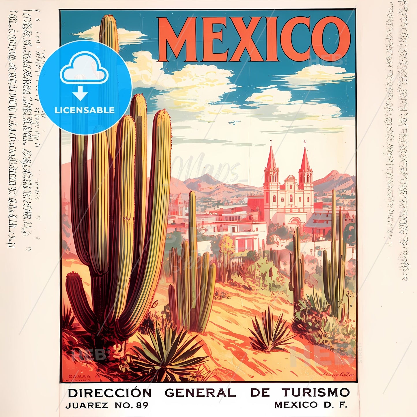 Enchanting Vintage Mexico Desert Travel Poster: Cacti & Colonial Charm