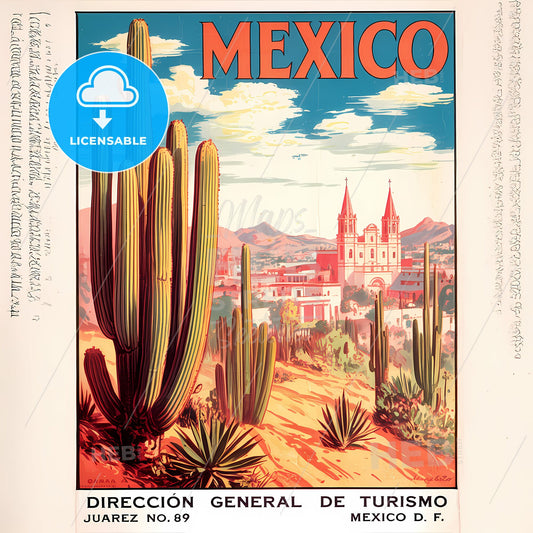 Enchanting Vintage Mexico Desert Travel Poster: Cacti & Colonial Charm