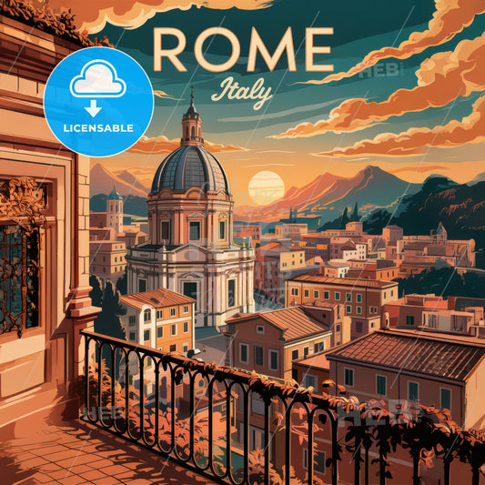 Enchanting Vintage Rome Sunset: A Captivating Travel Poster for Your Wall