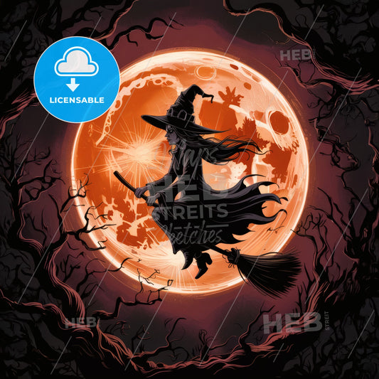Enchanting Witch on Broomstick: Vibrant Full Moon Halloween Silhouette Art