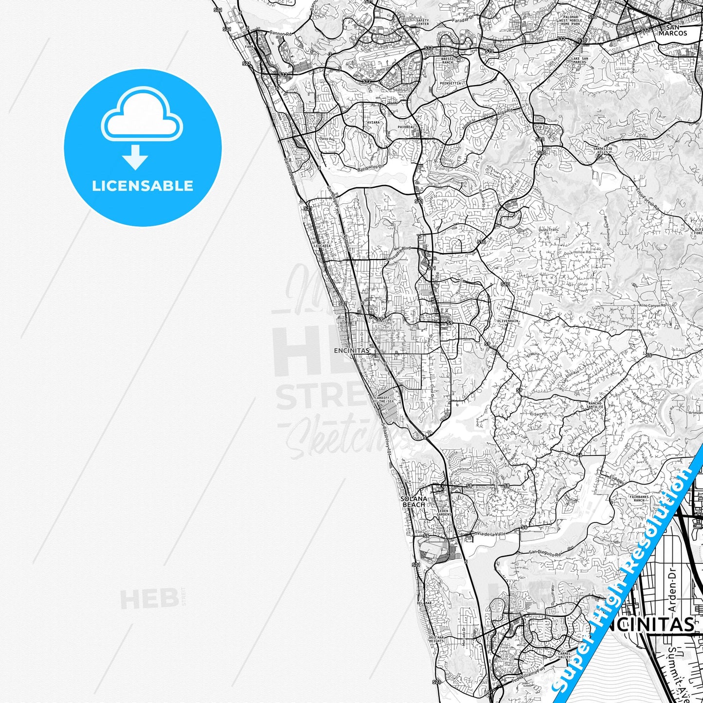 Encinitas, California light map with streetnames, citynames and districts