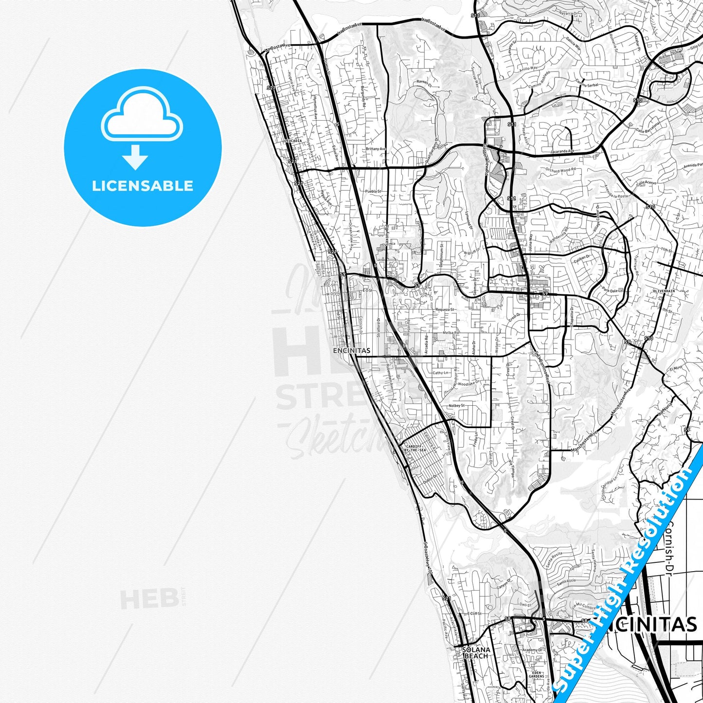 Encinitas, California Light Map with Street Names, City Names, and Districts