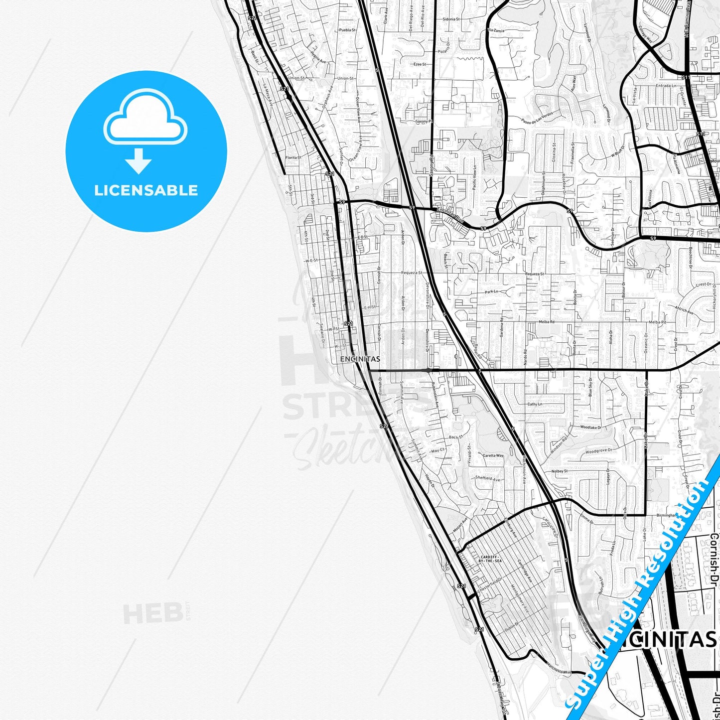 Encinitas, California Light Map with Street Names, City Names, and Districts