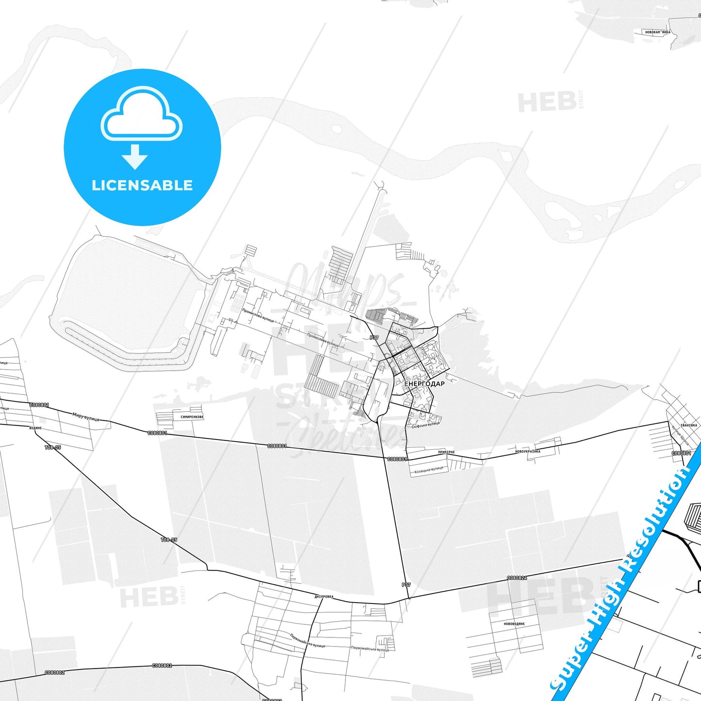 Enerhodar, Ukraine light map with streetnames, citynames and districts