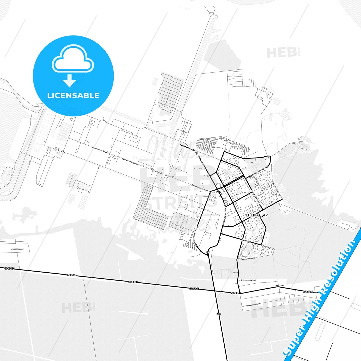 Enerhodar, Ukraine Light Map with Street Names, City Names, and Districts