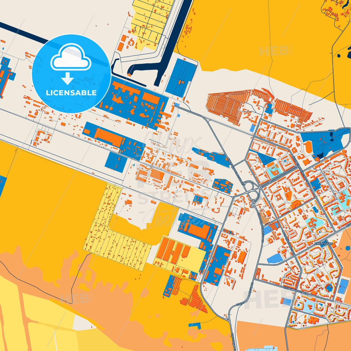 Colorful Enerhodar Street Map with Labels and Buildings