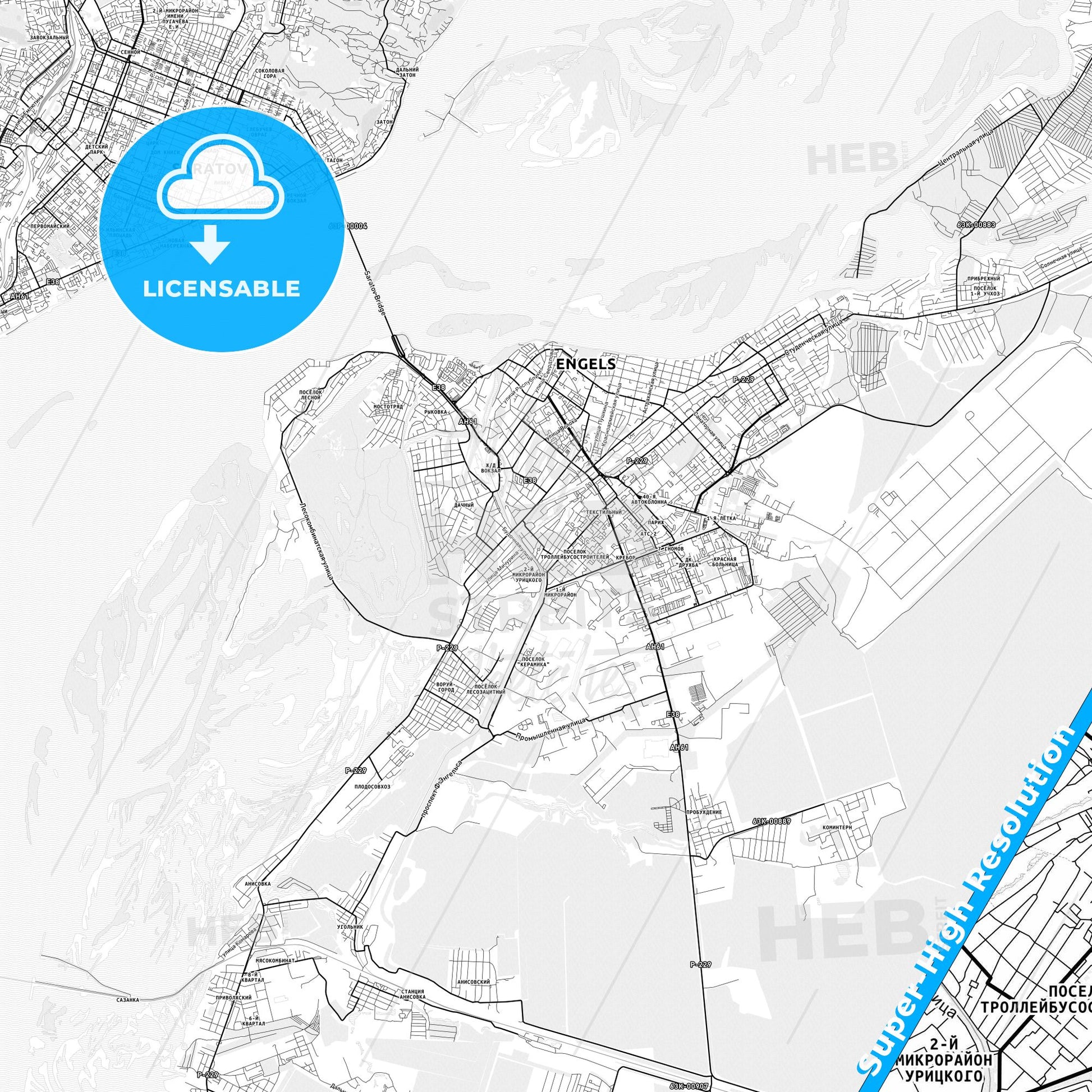 Engels, Russia light map with streetnames, citynames and districts