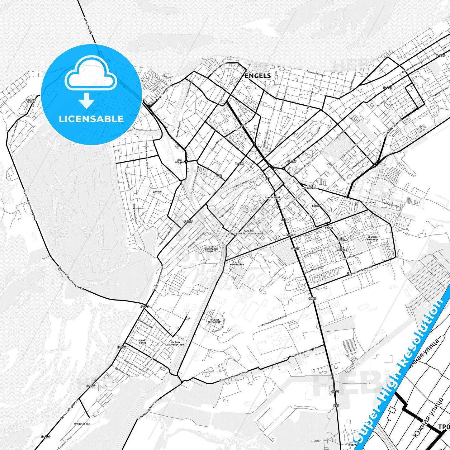 Engels, Russia Light Map with Street Names, City Names, and Districts