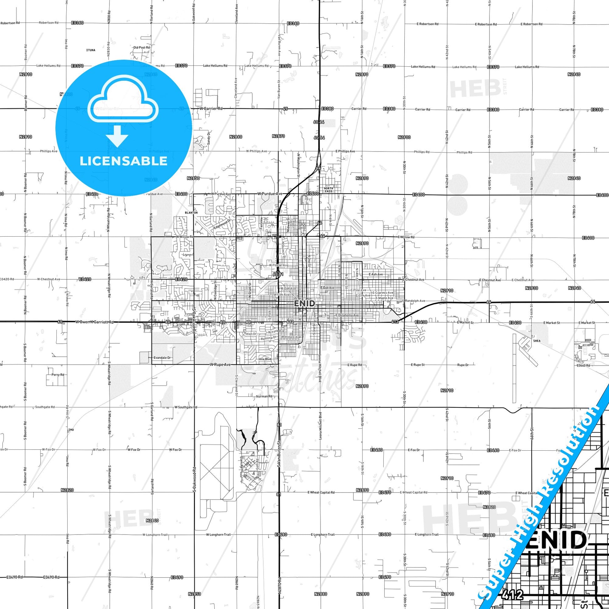 Enid, Oklahoma light map with streetnames, citynames and districts