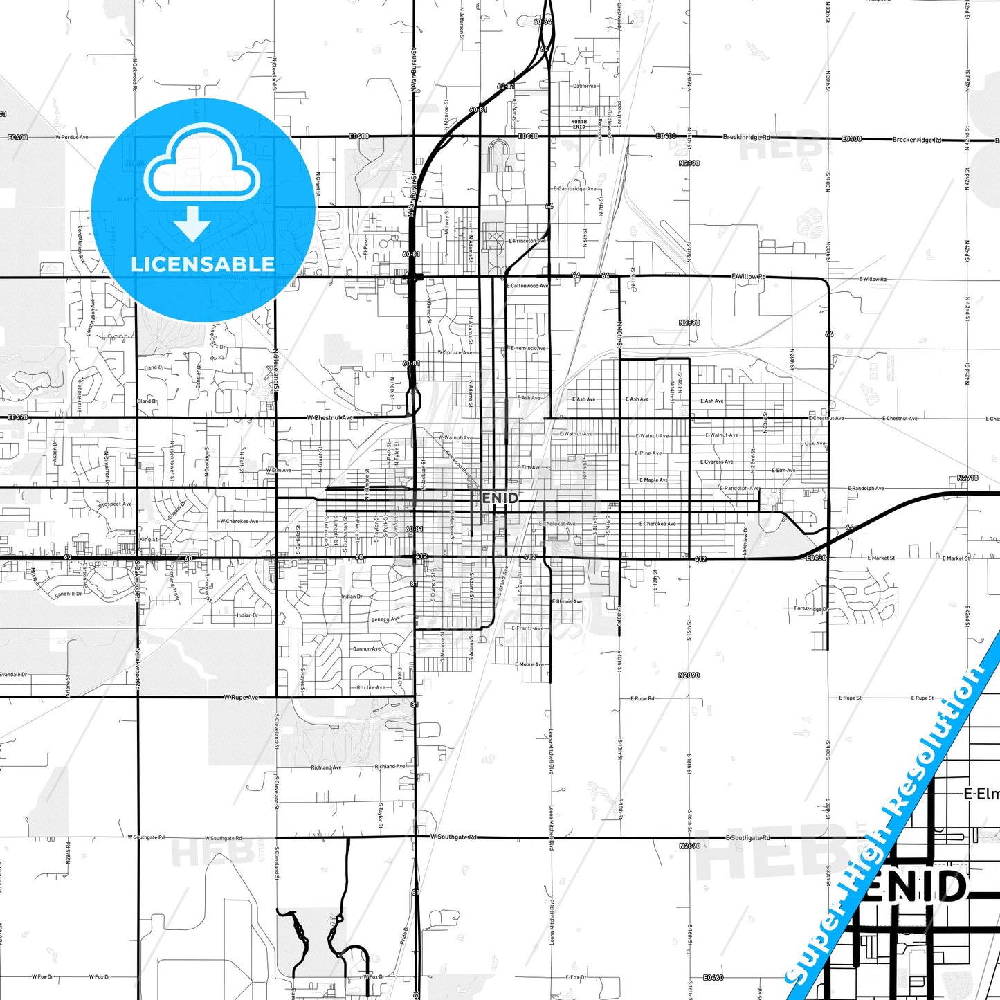 Enid, Oklahoma Light Map with Street Names, City Names, and Districts