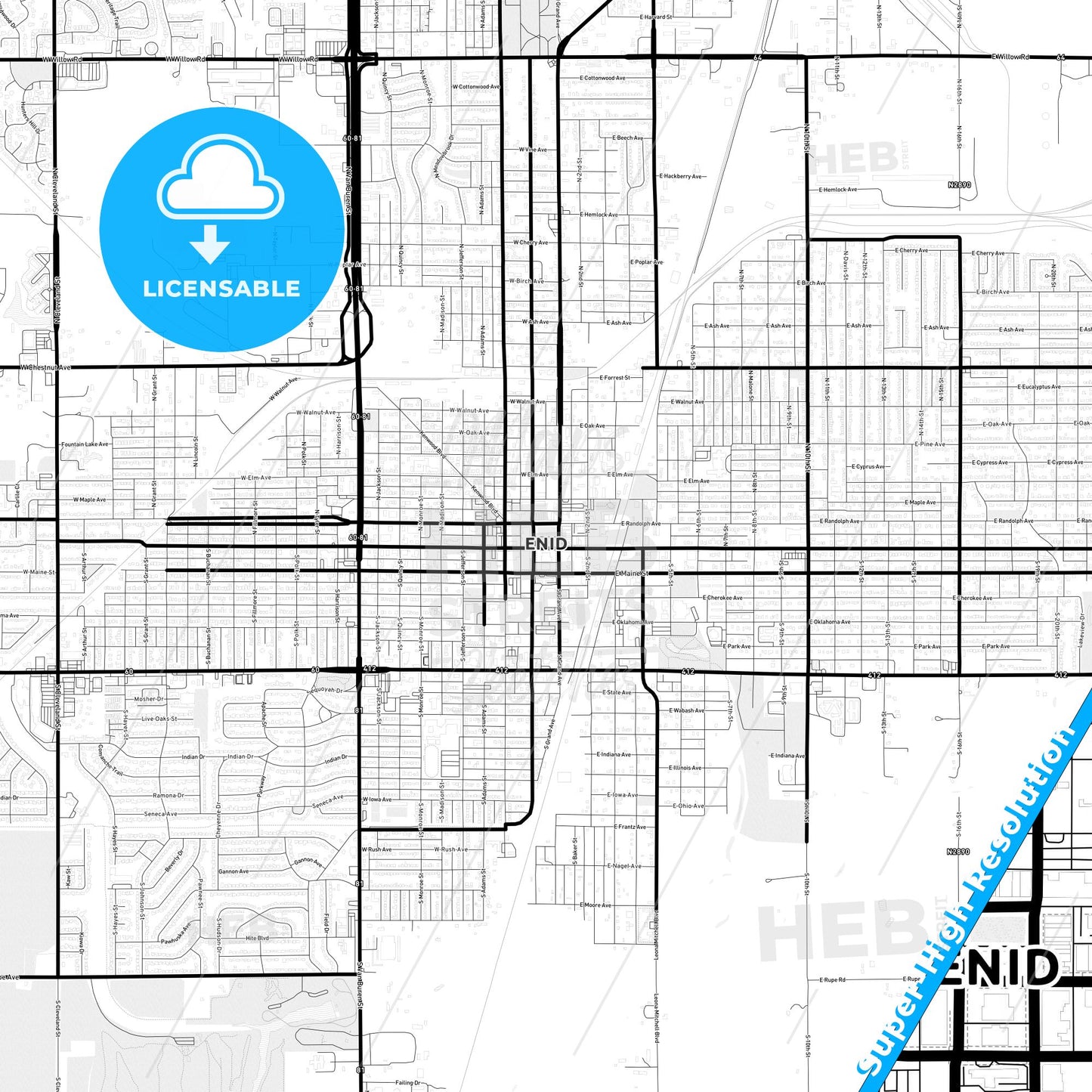 Enid, Oklahoma Light Map with Street Names, City Names, and Districts