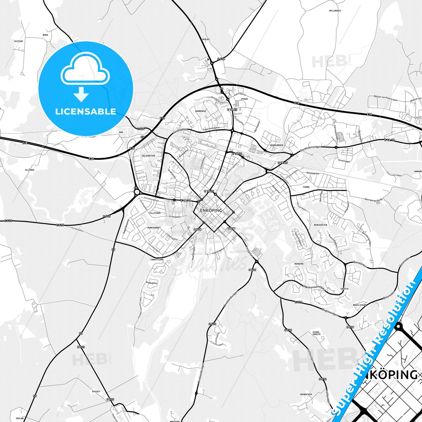 Enköping, Sweden Light Map with Street Names, City Names, and Districts