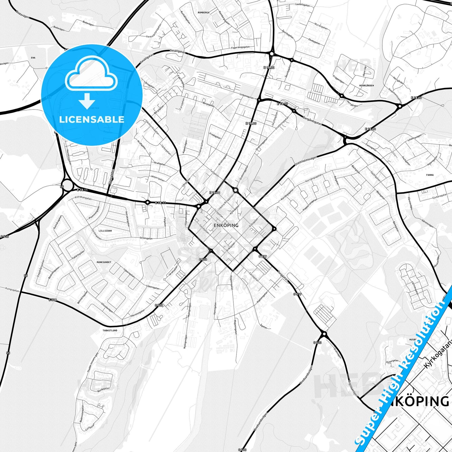 Enköping, Sweden Light Map with Street Names, City Names, and Districts